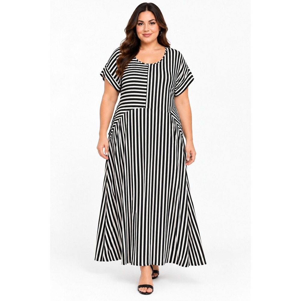 Lane Bryant Dress Womens 26 Black Stripe Scoop Neck Short Sleeve Maxi Belted